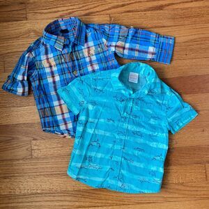 2pc Boys 2T Button Down Shirts Short Sleeve Roll Tab Plaid Sharks Blue Thin